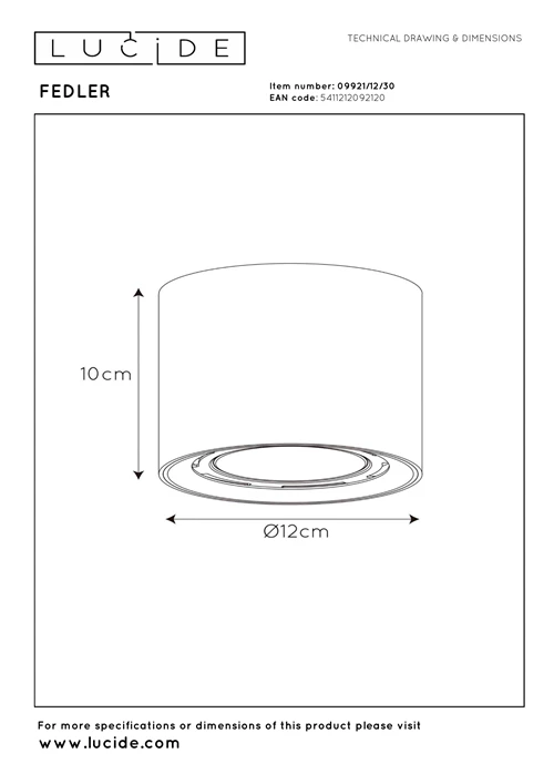 Lucide FEDLER - Plafondspot - Ø 12 cm - LED Dim to warm - GU10 (ES111) - 1x12W 2200K/3000K - Zwart - technisch